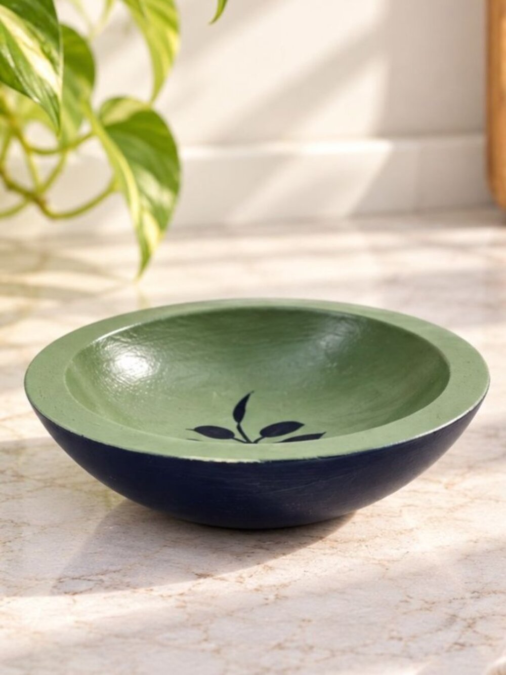 Hand-Painted Green & Navy Wooden Bowl With Floral Design 6” Diameter Decorative